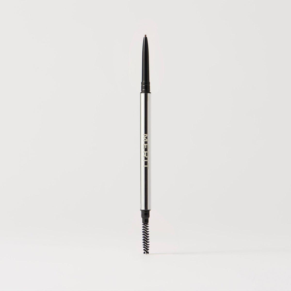 Master || A gel eyebrow pencil with a fine point tip and a spoolie brush at the other end, the packaging is predominantly silver in color.
