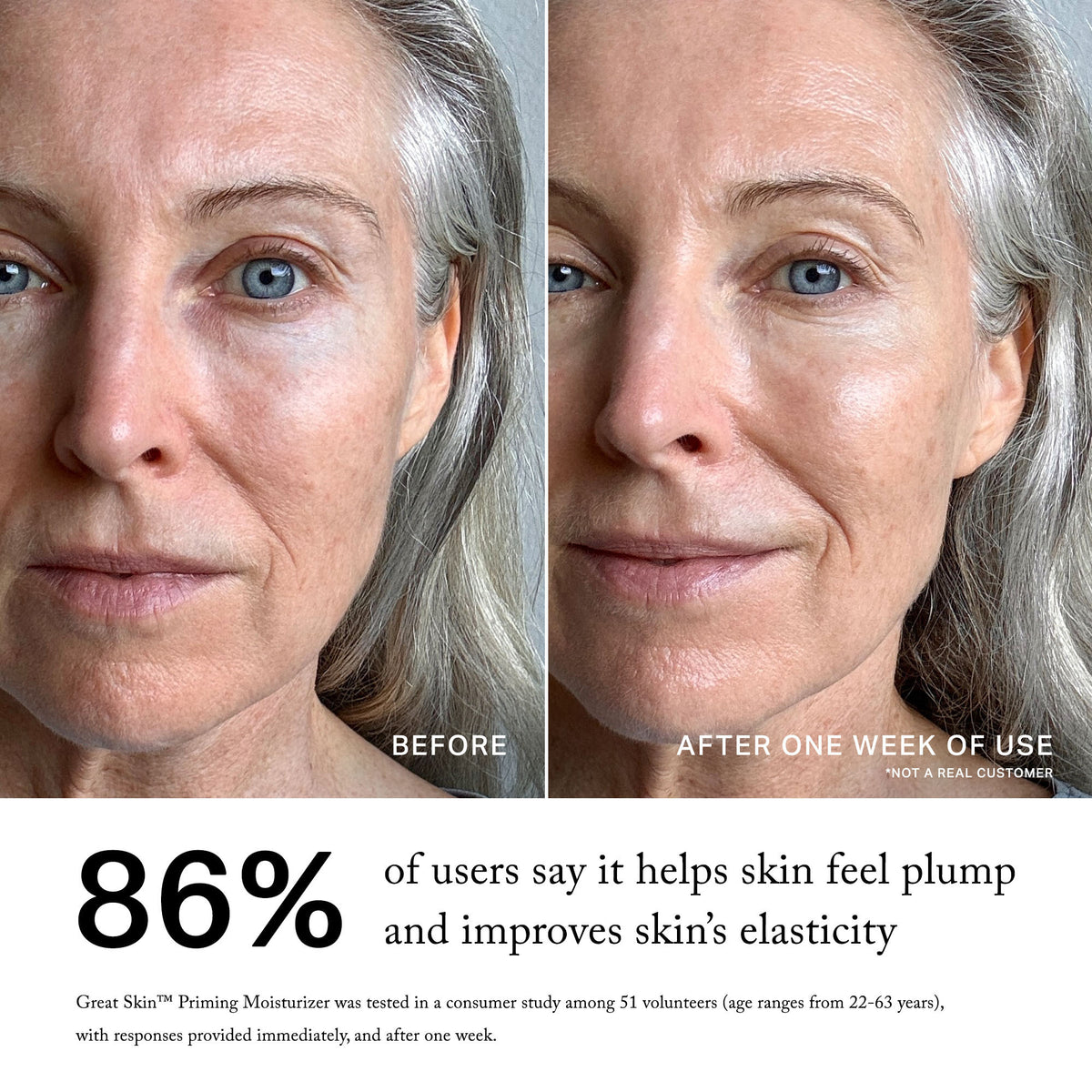 Full-Size (50ml) || before, after one week, 86% of users say it helps skin feel plump and improves skin's elasticity, Great skin moisturizer was tested in a consumer study among 51 volunteers (age ranges from 22-62 years), with responses provided immediately, after eight hours of wear, and after one week.
