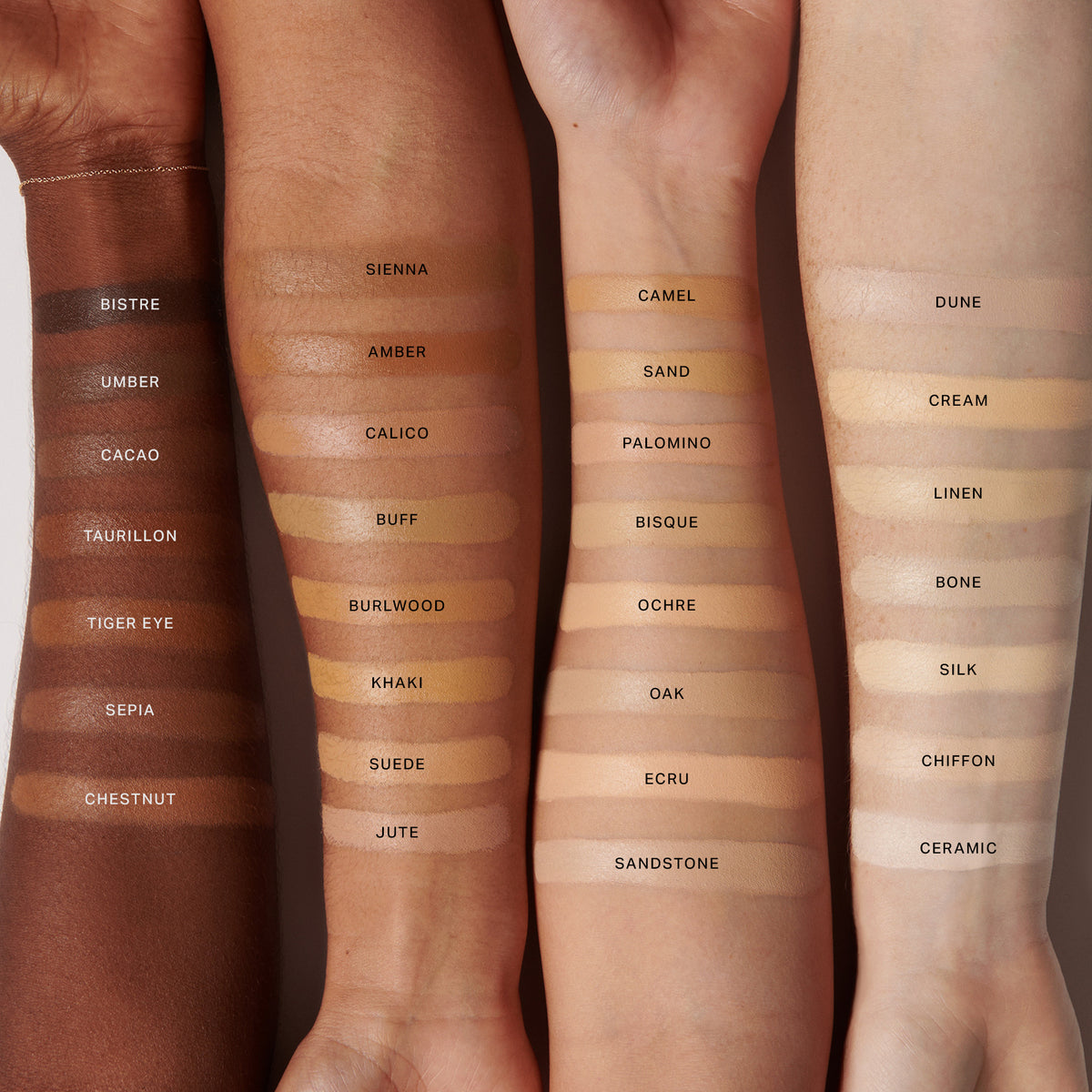 Master || Swatches of The Minimalist on 4 different skin tones arms Dark Shades: Bistre, Umber, Cacao, Taurillon, Sepia, Tiger Eye, Chestnut, Sienna, Amber; Medium Shades: Buff, Khaki, Suede, Camel, Sand, Bisque, Ochre; Light Shades: Ecru, Dune, Linen, Cream, Silk, Bone