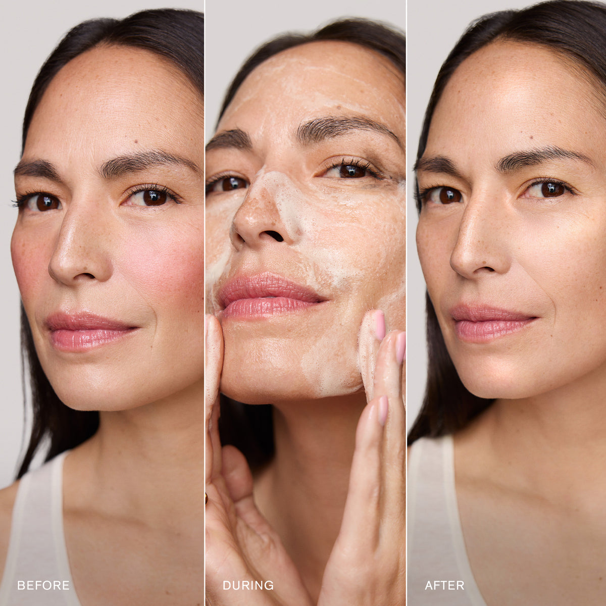 Master || Before, during, and after Great Skin Double application on model's face. Showing removal of makeup.