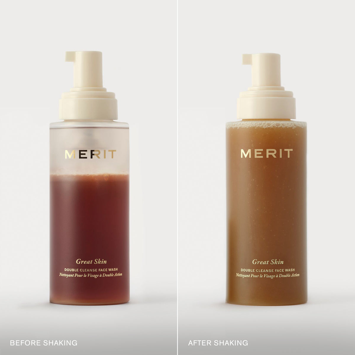 Master || Bottle of Great Skin Double Cleanse before and after shaking.