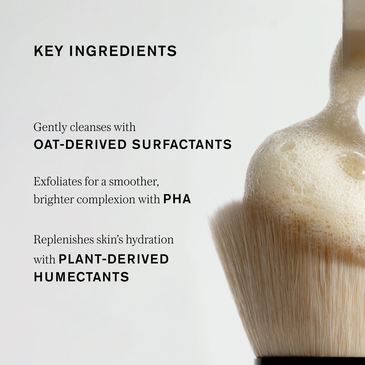 Master || Key Ingredients, Gently cleanses with oat-derived surfactants, Exfoliates for a smoother, brighter complexion with PHA, Replenishes skin's hydration with Plant-Derived Humectants Shows cleanser on makeup bush.