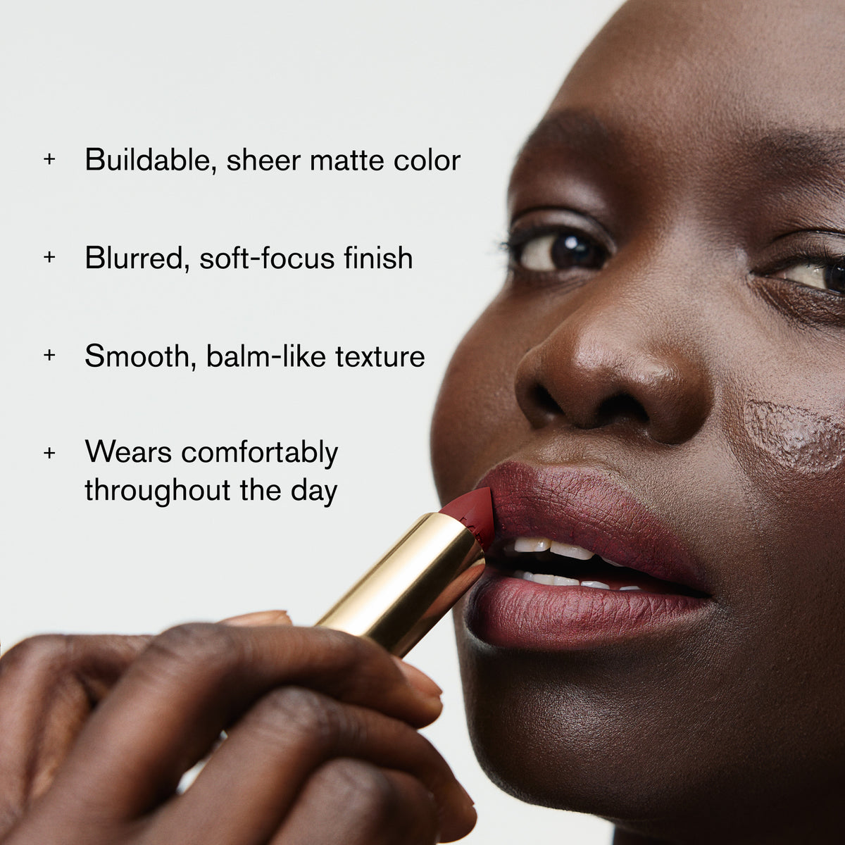 Master || Buildable, sheet matte color, Blurred, soft-focus finish, Smooth, balm-like texture, Wears comfortably throughout the day.
