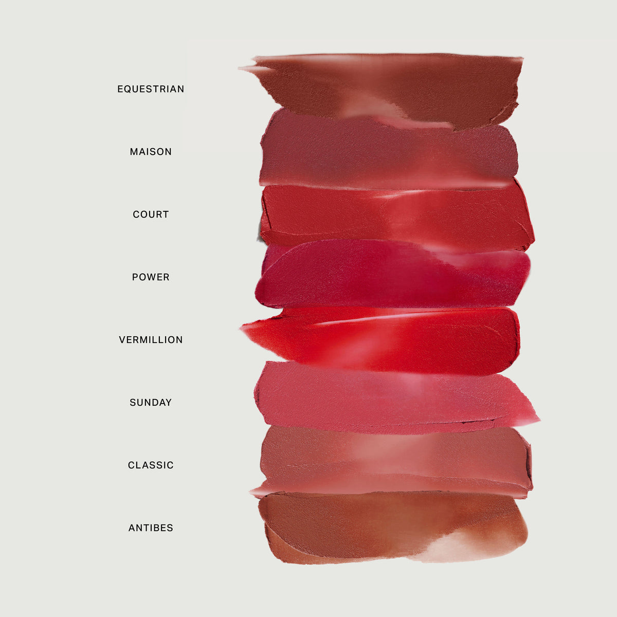 Master | | Swatches of Shades Equestrian, Maison, Court, Power, Vermillion, Sunday, Classic, Antibes on a white background
