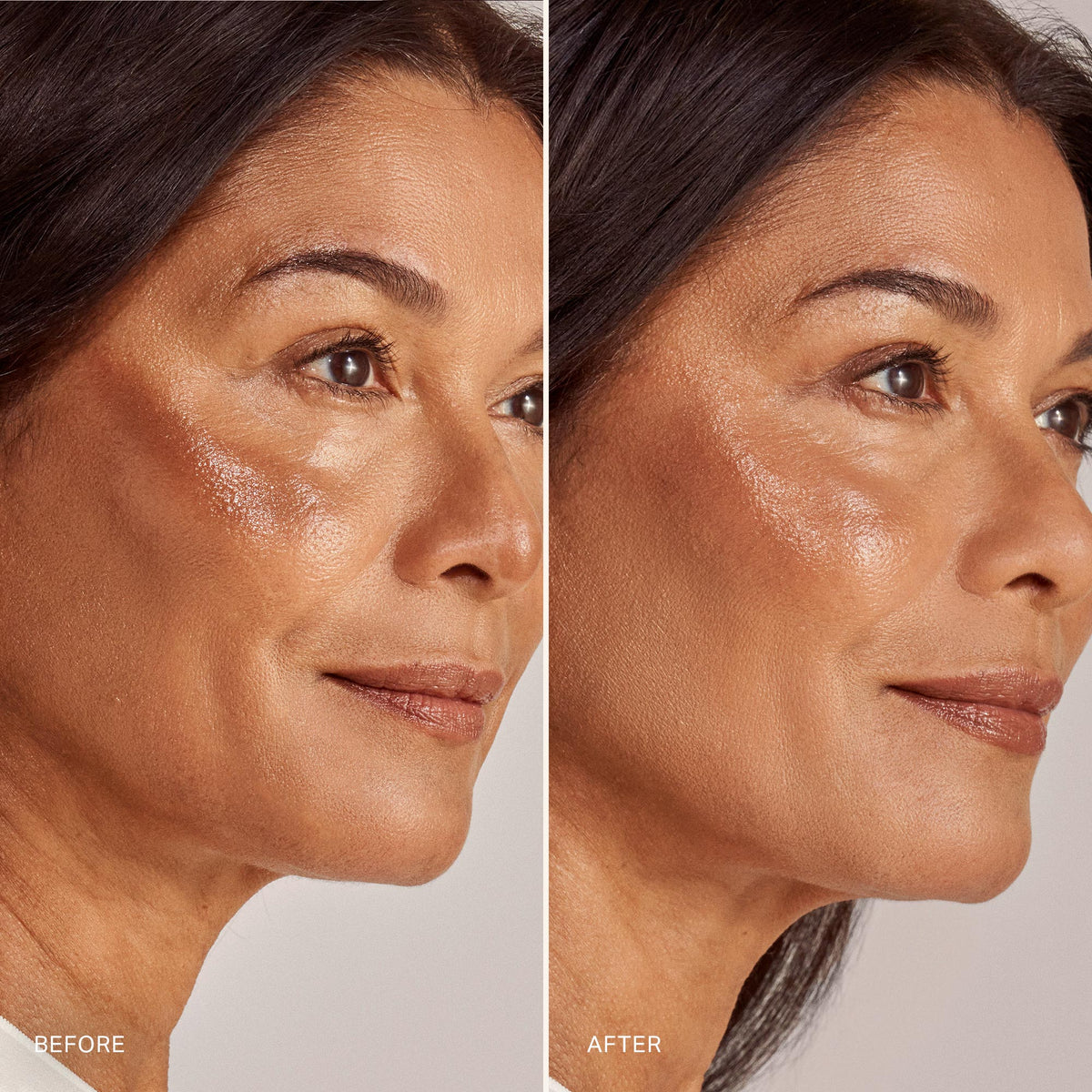 Master ||  Image of Siene Bronze Balm on Model before and after product is blended in.